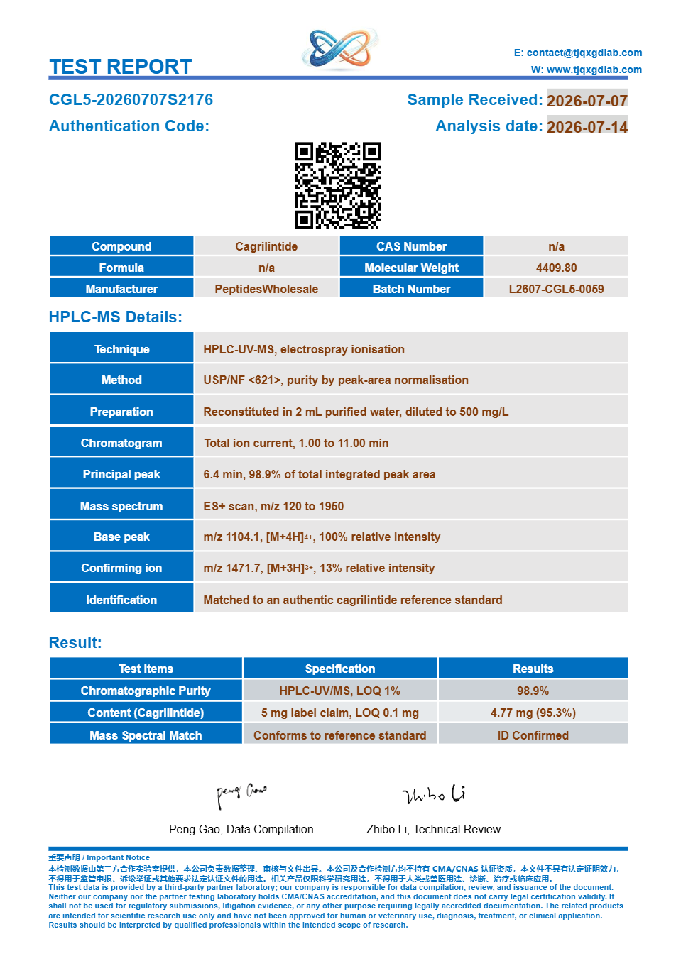 Certificate of analysis, Cagrilintide 5 mg, batch CGL5-20260707S2176, 98.9% HPLC purity