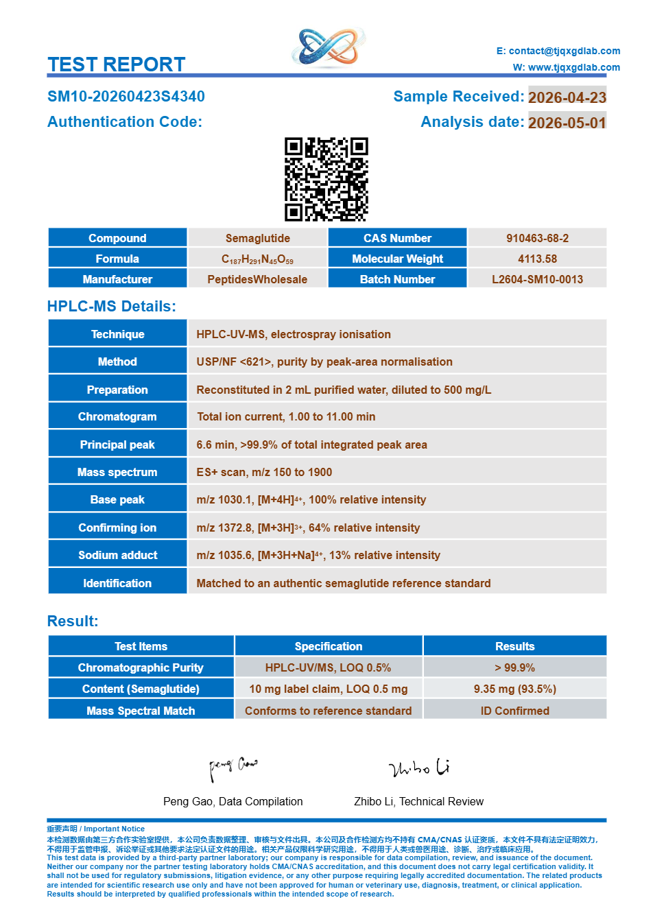 Certificate of analysis, Semaglutide 10 mg, batch SM10-20260423S4340, >99.9% HPLC purity